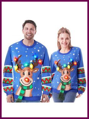 LED Light Up Ugly Christmas Sweater Pullover Crew Neck Long Sleeve